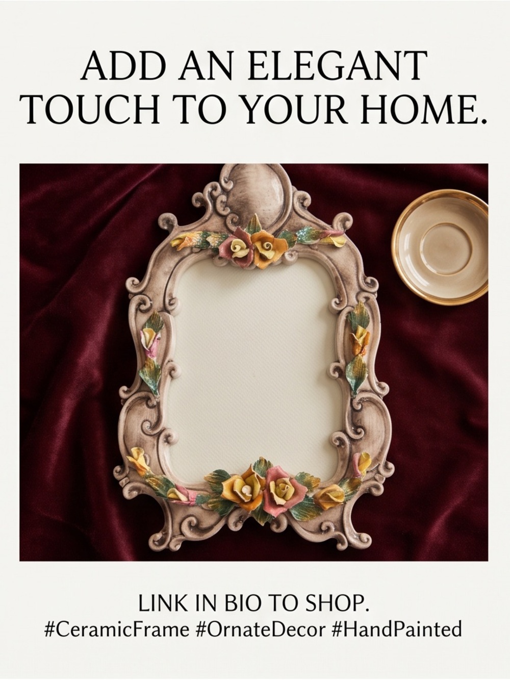 -Painted Ceramic Wall Frame — Cream with Pink, Yellow & Green Accen